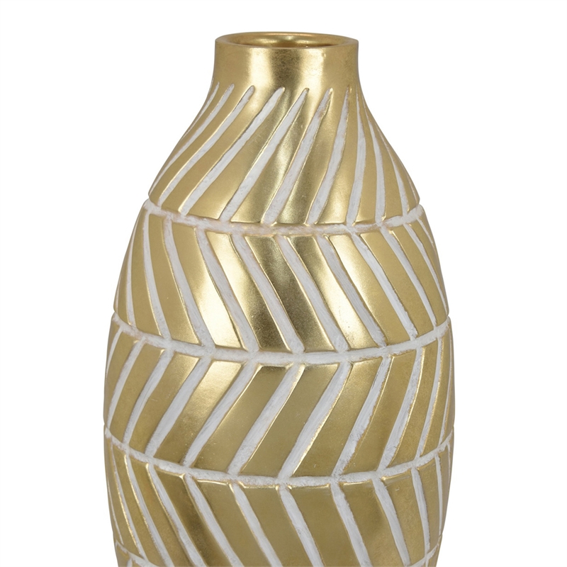 Benjara Accent Vase- Gold Resin Urn Shape- Lined Pattern in White- 28 Inch