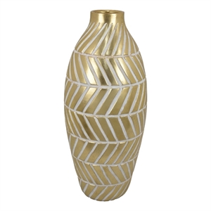 Benjara Accent Vase- Gold Resin Urn Shape- Lined Pattern in White- 28 Inch