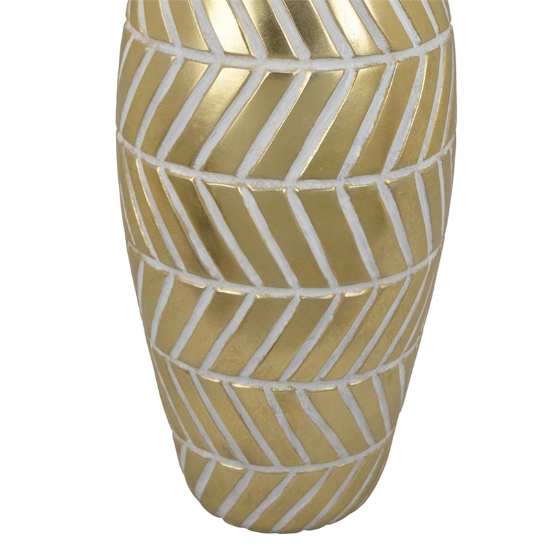 Benjara Accent Vase- Gold Resin Urn Shape- Lined Pattern in White- 28 Inch