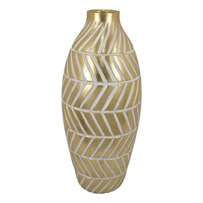 Benjara Accent Vase- Gold Resin Urn Shape- Lined Pattern in White- 28 Inch