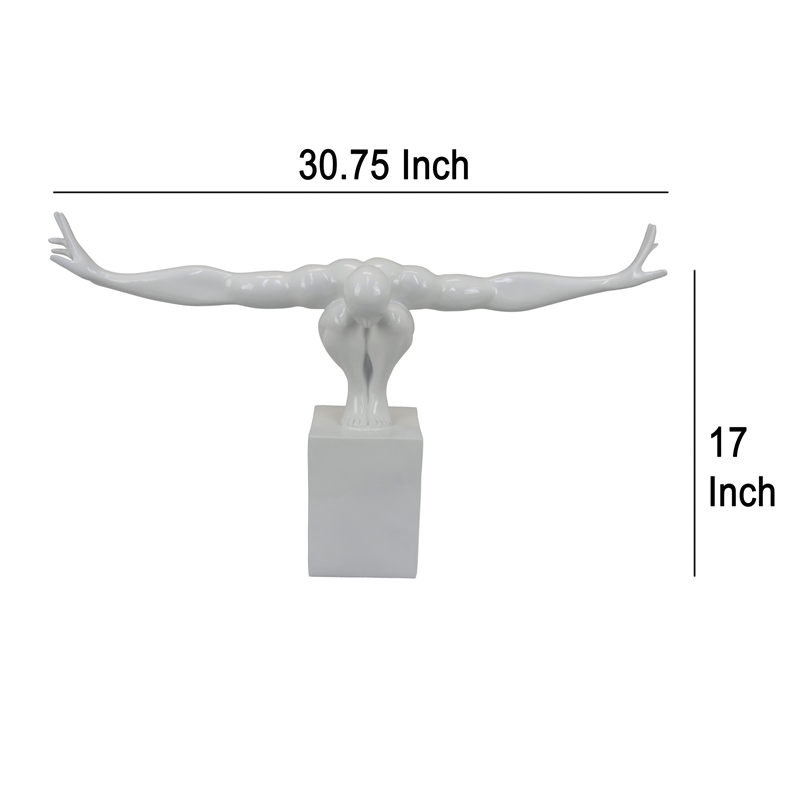 Benjara Accent Decor- Male Athlete Statuette- Modern White Resin- 31 Inch