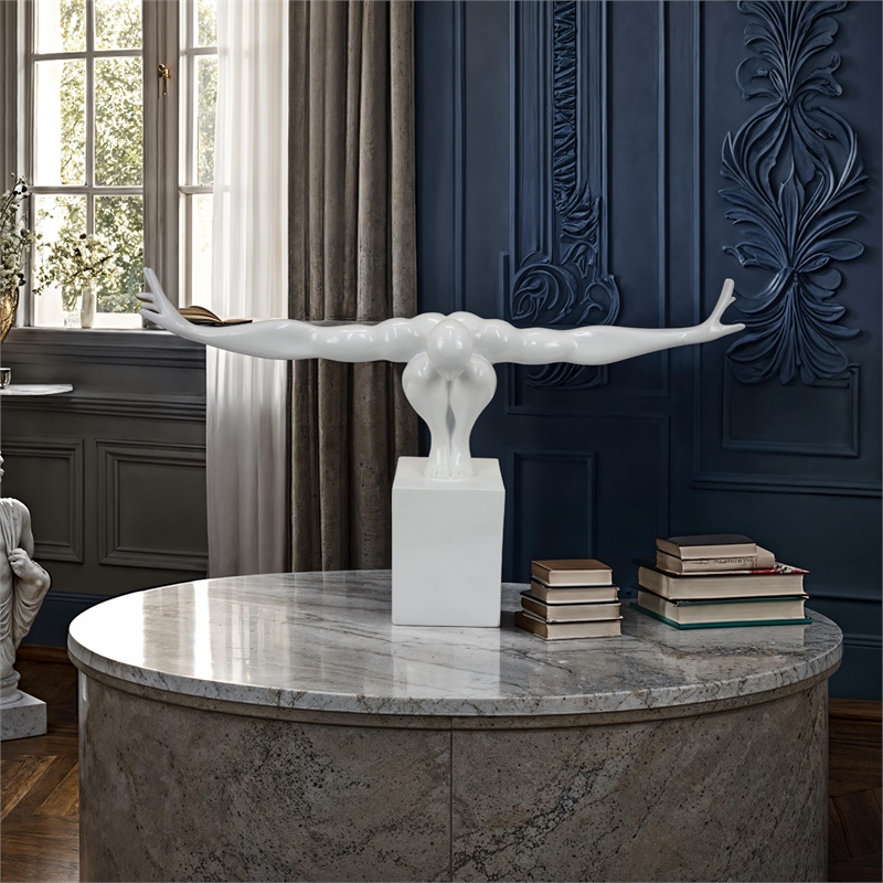 Benjara Accent Decor- Male Athlete Statuette- Modern White Resin- 31 Inch