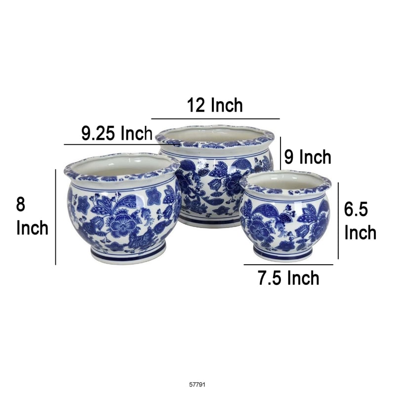 Benjara 3pc Modern Planter- Japanese Inspired Art Design- Blue White Ceramic