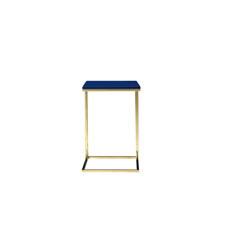 Benjara Zen Side End Table- C Shape Gold Base- Navy Blue Lacquer Top