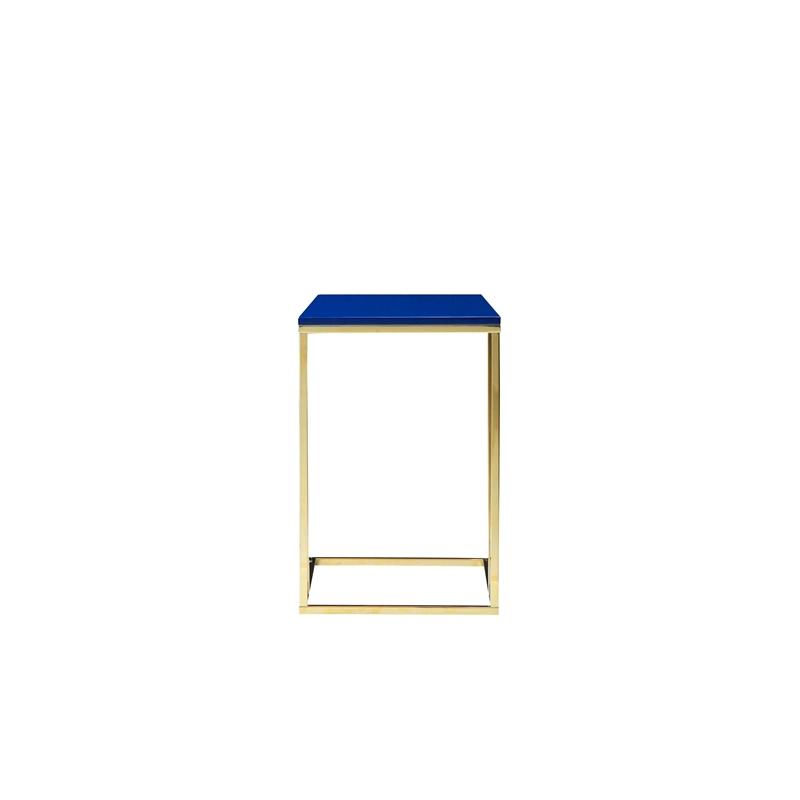 Benjara Zen Side End Table- C Shape Gold Base- Navy Blue Lacquer Top