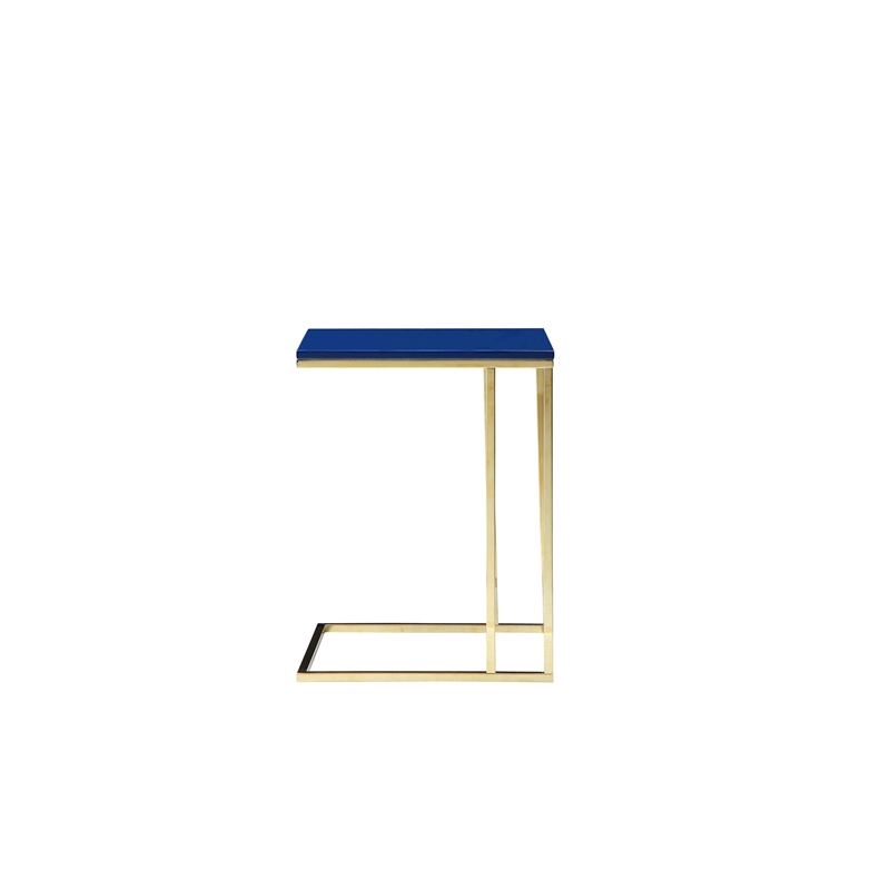 Benjara Zen Side End Table- C Shape Gold Base- Navy Blue Lacquer Top