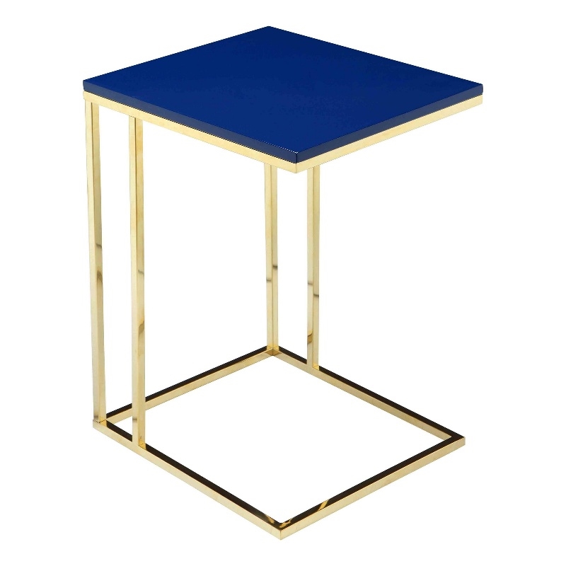 Benjara Zen Side End Table- C Shape Gold Base- Navy Blue Lacquer Top