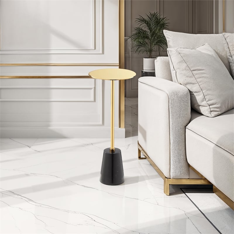 Benjara Sen Side End Drink Table- Gold Metal Round Top w Black Marble Base