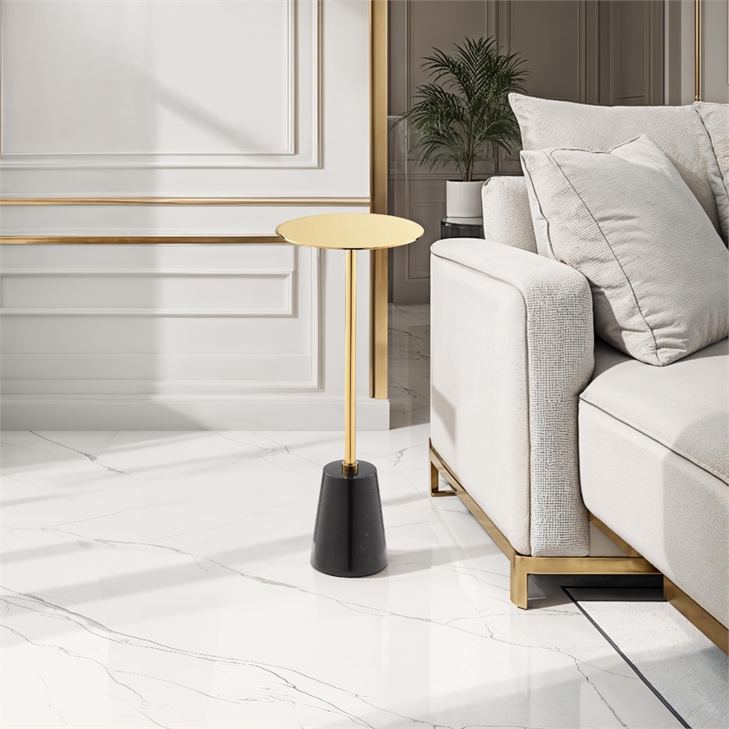 Benjara Sen Side End Drink Table- Gold Metal Round Top w Black Marble Base