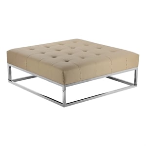 benjara ipp ottoman- 40&quot square tufted beige faux leather- chrome steel