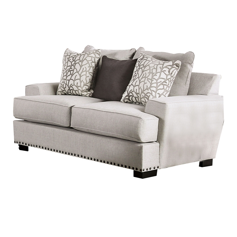 Benjara Coty Loveseat- 75 Inch- Light Gray- 3 Throw Pillows- T Shaped Cushion