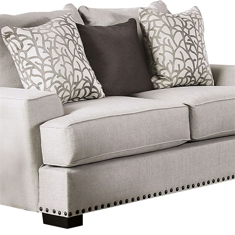 Benjara Coty Loveseat- 75 Inch- Light Gray- 3 Throw Pillows- T Shaped Cushion