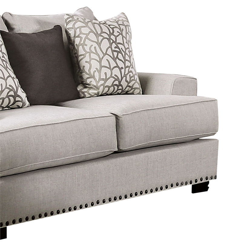 Benjara Coty Loveseat- 75 Inch- Light Gray- 3 Throw Pillows- T Shaped Cushion