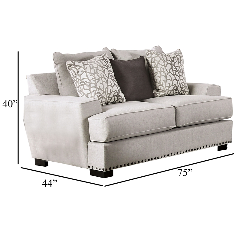 Benjara Coty Loveseat- 75 Inch- Light Gray- 3 Throw Pillows- T Shaped Cushion