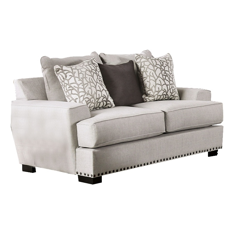 Benjara Coty Loveseat- 75 Inch- Light Gray- 3 Throw Pillows- T Shaped Cushion