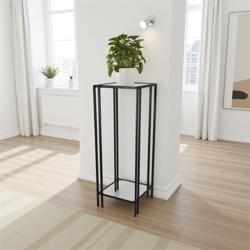 Benjara Buckley Plant Stand Table- Black Metal- Square Mirrored Top- 34 Inch