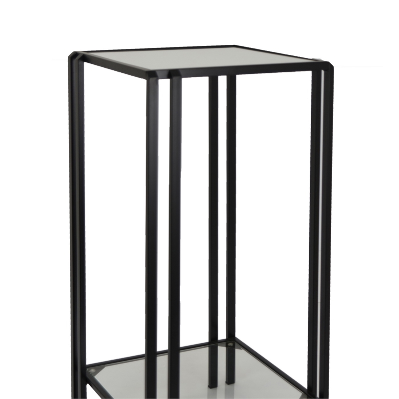 Benjara Buckley Plant Stand Table- Black Metal- Square Mirrored Top- 28 Inch