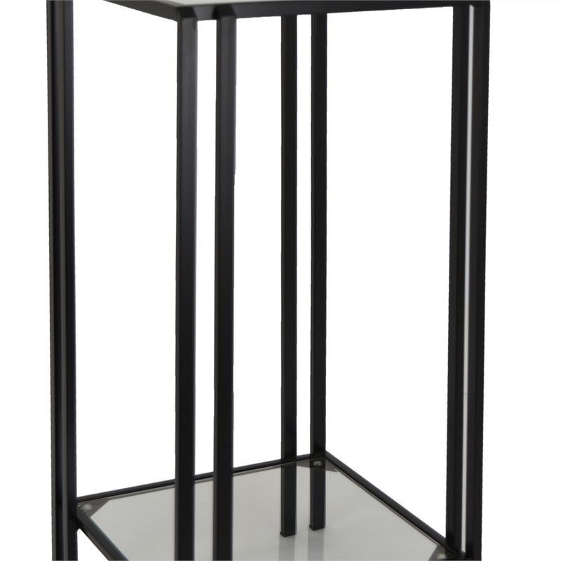 Benjara Buckley Plant Stand Table- Black Metal- Square Mirrored Top- 28 Inch