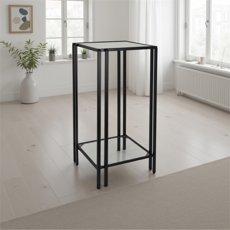 Benjara Buckley Plant Stand Table- Black Metal- Square Mirrored Top- 28 Inch