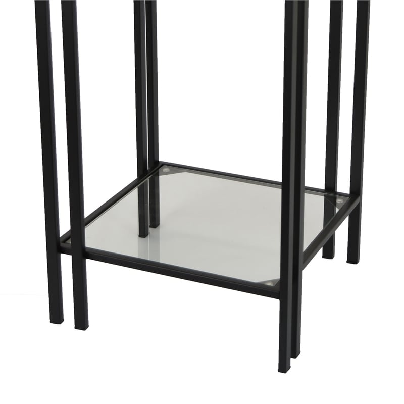 Benjara Buckley Plant Stand Table- Black Metal- Square Mirrored Top- 22 Inch
