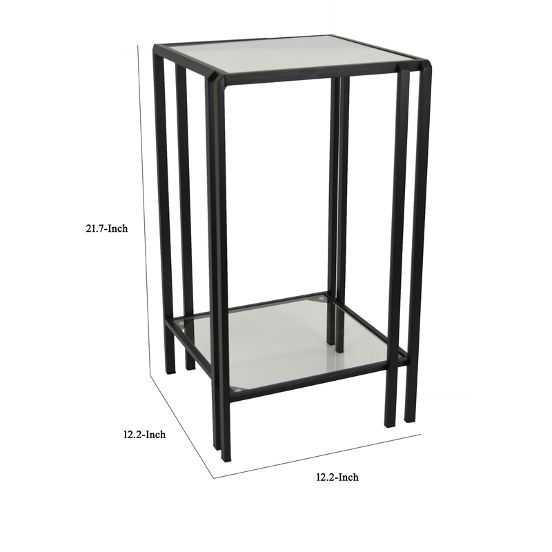 Benjara Buckley Plant Stand Table- Black Metal- Square Mirrored Top- 22 Inch