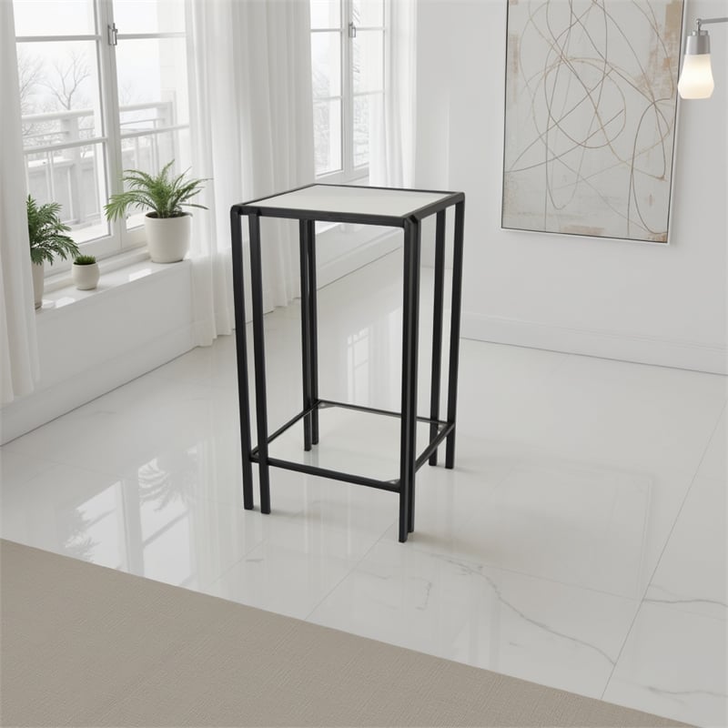 Benjara Buckley Plant Stand Table- Black Metal- Square Mirrored Top- 22 Inch