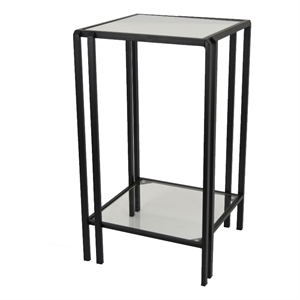 Benjara Buckley Plant Stand Table- Black Metal- Square Mirrored Top- 22 Inch