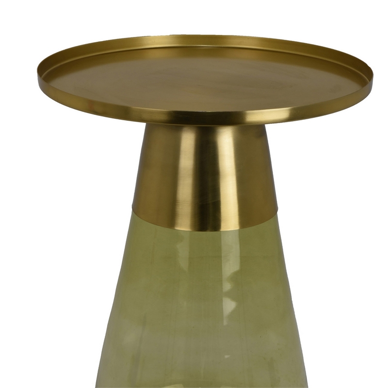 Benjara Palio Plant Stand Accent Table- Round Gold Metal- Green Glass Tapered