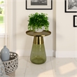 Benjara Palio Plant Stand Accent Table- Round Gold Metal- Green Glass Tapered