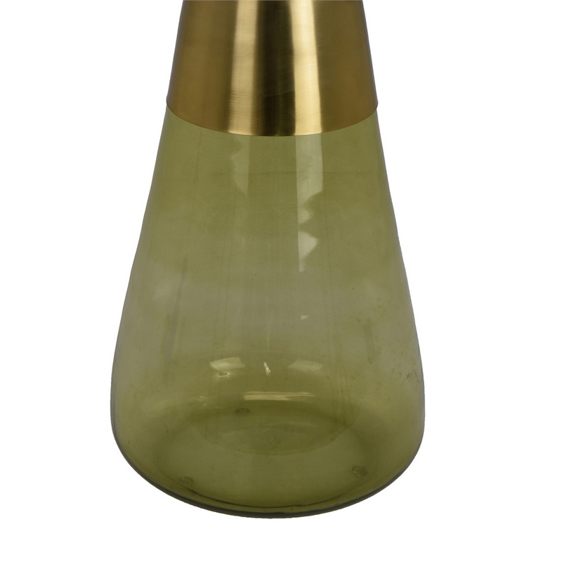 Benjara Palio Plant Stand Accent Table- Round Gold Metal- Green Glass Tapered