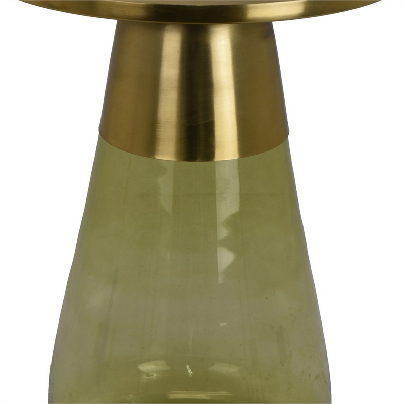 Benjara Palio Plant Stand Accent Table- Round Gold Metal- Green Glass Tapered