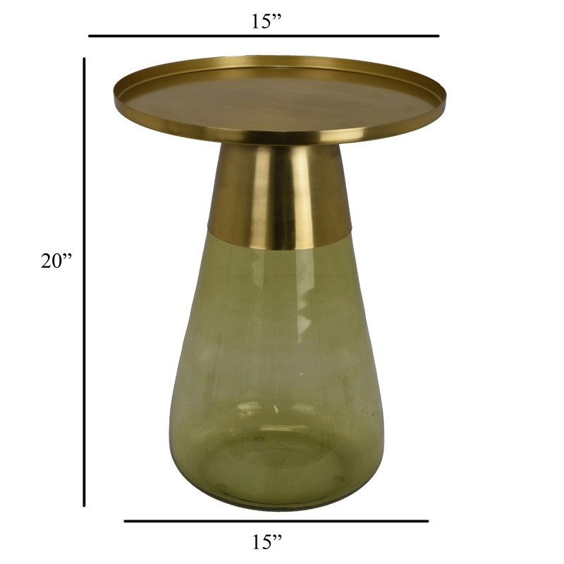 Benjara Palio Plant Stand Accent Table- Round Gold Metal- Green Glass Tapered