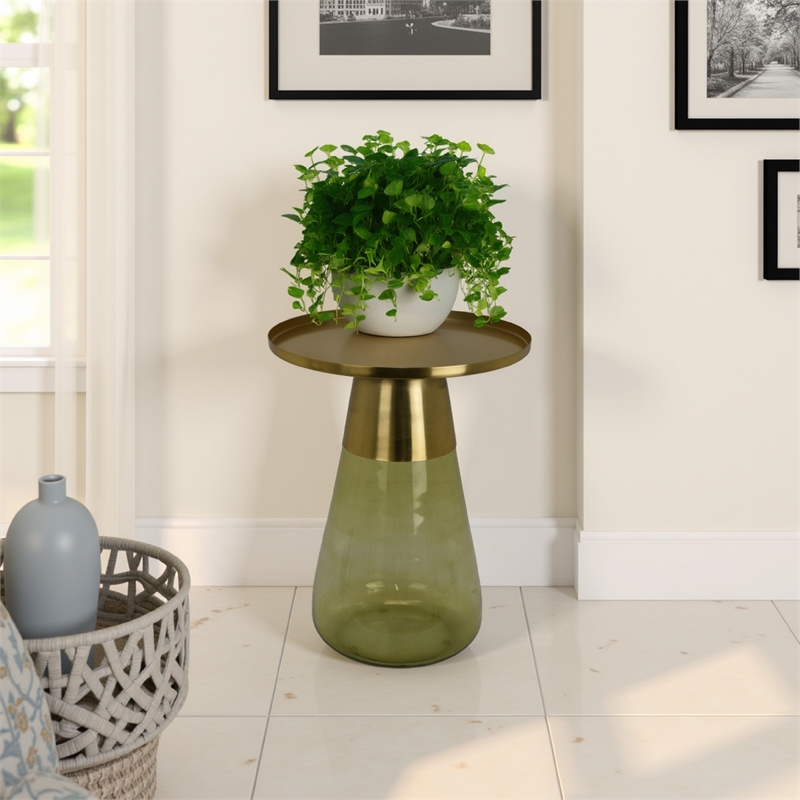 Benjara Palio Plant Stand Accent Table- Round Gold Metal- Green Glass Tapered