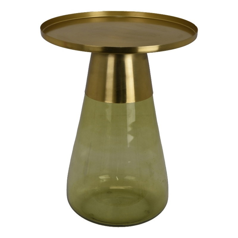 Benjara Palio Plant Stand Accent Table- Round Gold Metal- Green Glass Tapered