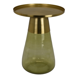Benjara Palio Plant Stand Accent Table- Round Gold Metal- Green Glass Tapered