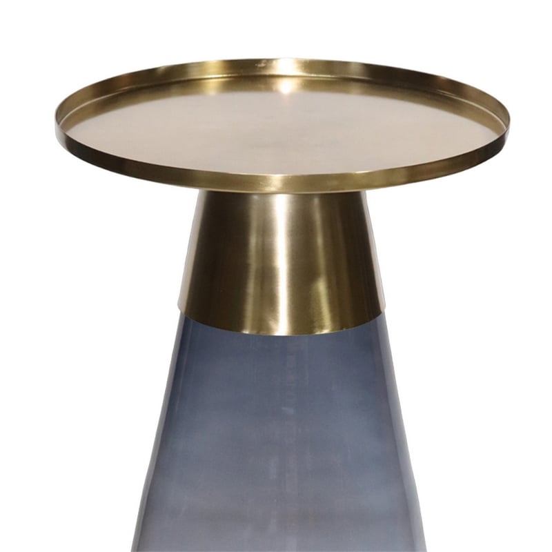 Benjara Palio Plant Stand Table- Round Gold Metal Top- Blue Glass Tapered Base