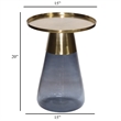 Benjara Palio Plant Stand Table- Round Gold Metal Top- Blue Glass Tapered Base