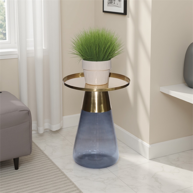 Benjara Palio Plant Stand Table- Round Gold Metal Top- Blue Glass Tapered Base
