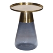 Benjara Palio Plant Stand Table- Round Gold Metal Top- Blue Glass Tapered Base