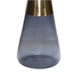 Benjara Palio Plant Stand Table- Round Gold Metal Top- Blue Glass Tapered Base