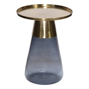 Benjara Palio Plant Stand Table- Round Gold Metal Top- Blue Glass Tapered Base