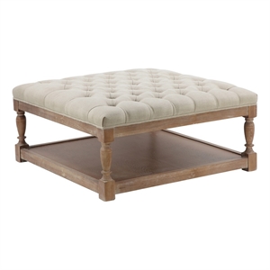 Benjara Xena Coffee Table- 36&quot Tufted Natural White Upholstery- Solid Wood