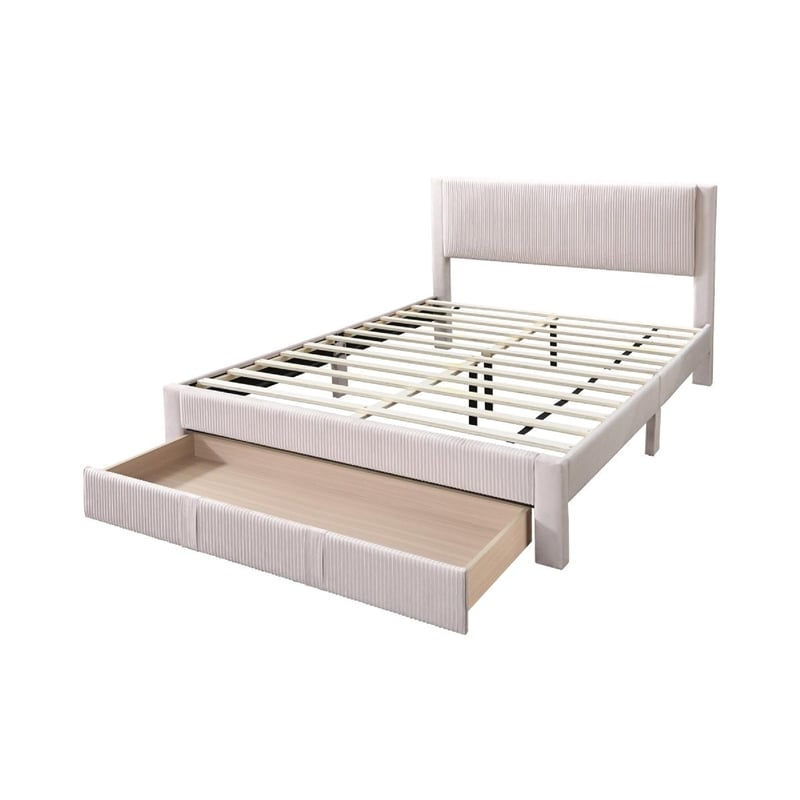 Benjara Peo Queen Size Bed w Storage Drawer- Light Pink Corduroy Upholstery