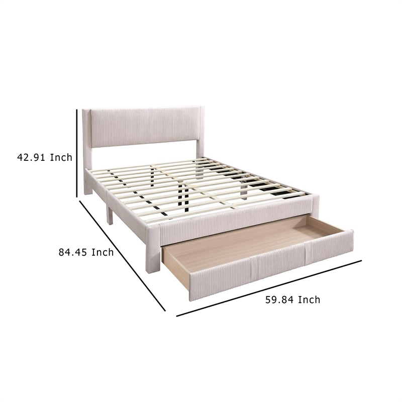 Benjara Peo Queen Size Bed w Storage Drawer- Light Pink Corduroy Upholstery