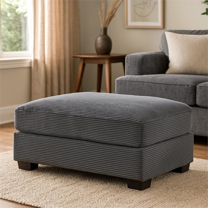 Benjara Lomi Cocktail Ottoman- Dark Gray Corduroy- Black Legs- 45 x 28 Inch