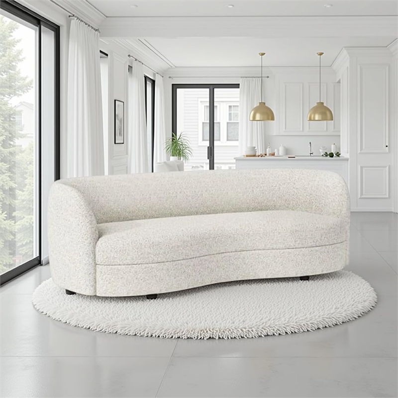Benjara Srey Sofa- 84 Inch- Modern Plush White Boucle- Curved Kidney Shape