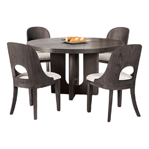 Benjara Zoko 5pc Round Dining Table Set- White Polyester Chairs- Ash Gray Wood