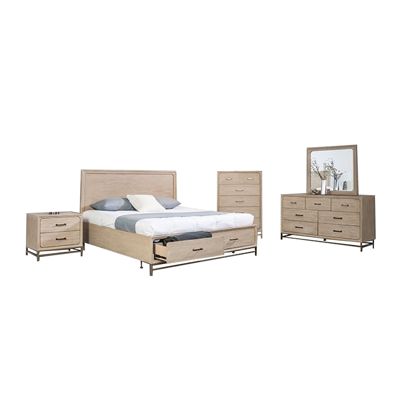 Benjara Rozie 5pc Queen Bedroom Set with Mirror- 2 Nightstand- Light Oak Brown