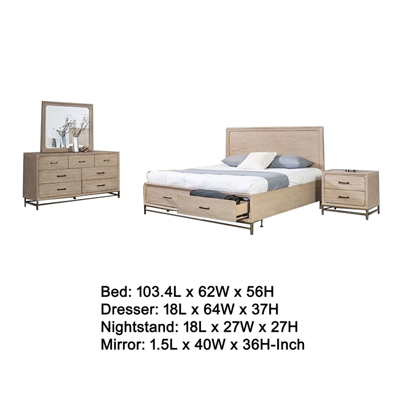 Benjara Rozie 5pc Queen Bedroom Set with Mirror- 2 Nightstand- Light Oak Brown