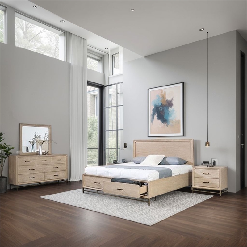 Benjara Rozie 5pc Queen Bedroom Set with Mirror- 2 Nightstand- Light Oak Brown